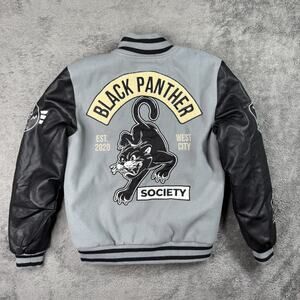 Black Panther Varsity Jacket Mens M Slim 8th Dstrkt Snap Button Gray Embroidered